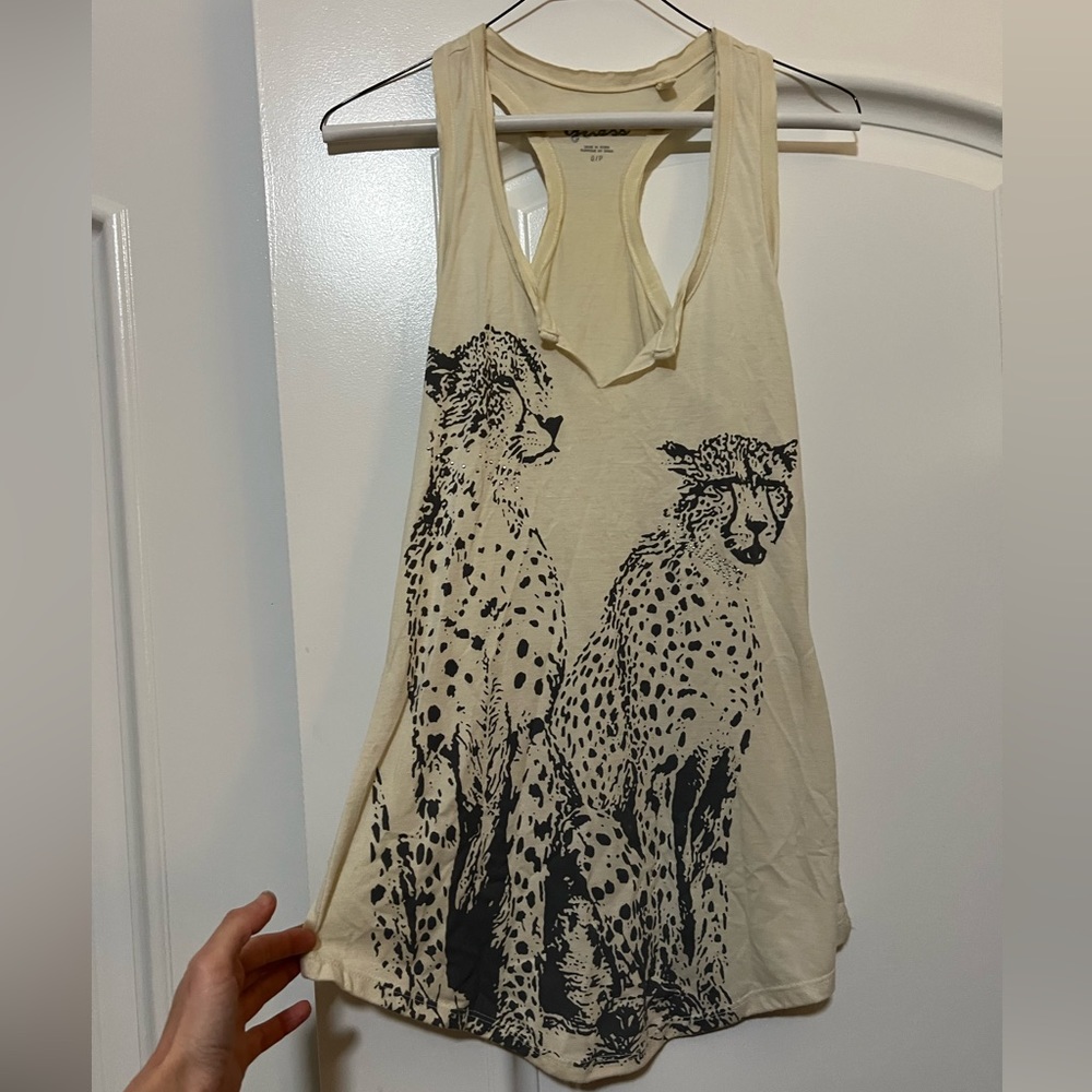 tank top with grayscale cheetah design & rhinestone details. XS by Guess